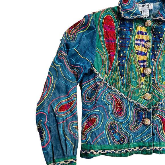 VTG 90s Anage Art To Wear Jacket Women’s S Silk Cotton Beaded Patchwork Boho Y2K - Picture 3 of 16